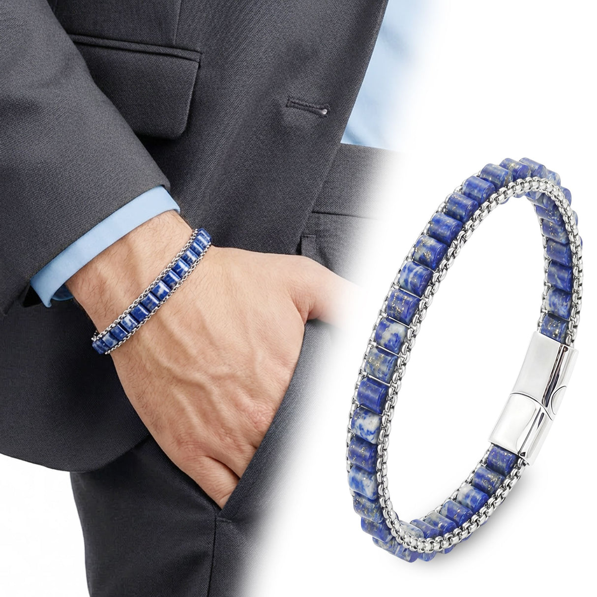 Niki Leather Lapis Doğal Taşlı Hasır Örgü Zincirli Erkek Çelik Bileklik 38932B28D17