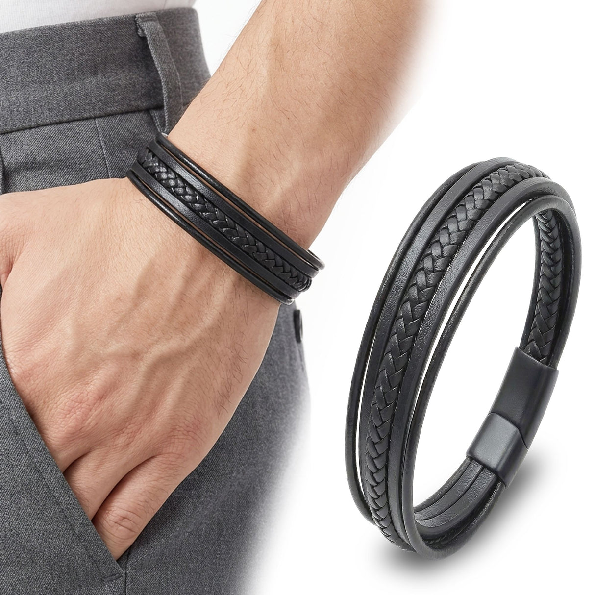 Niki Leather Siyah Tüp Örgü Ve Çoklu Deri Bileklik - Zamak Kilit 38933B2D2Z