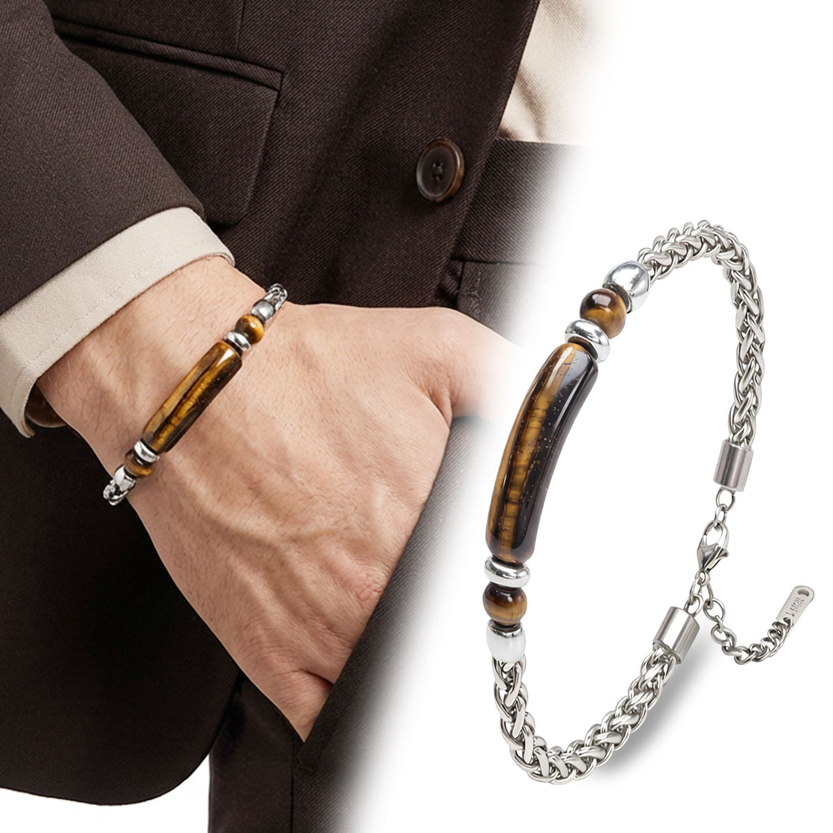 Niki Leather Kalplan Gözü Doğal Taşlı Ayarlanabilir Çelik Zincir Bileklik 38932B15D11