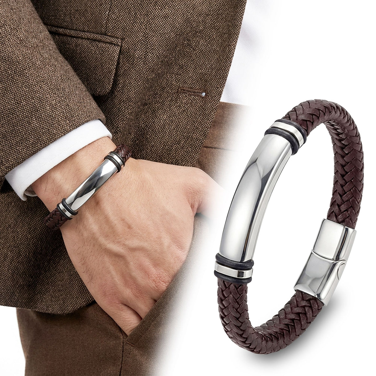 Niki Leather Kahverengi Deri Ve Bayaz Titanyum Kilit Bileklik 40133B15D12