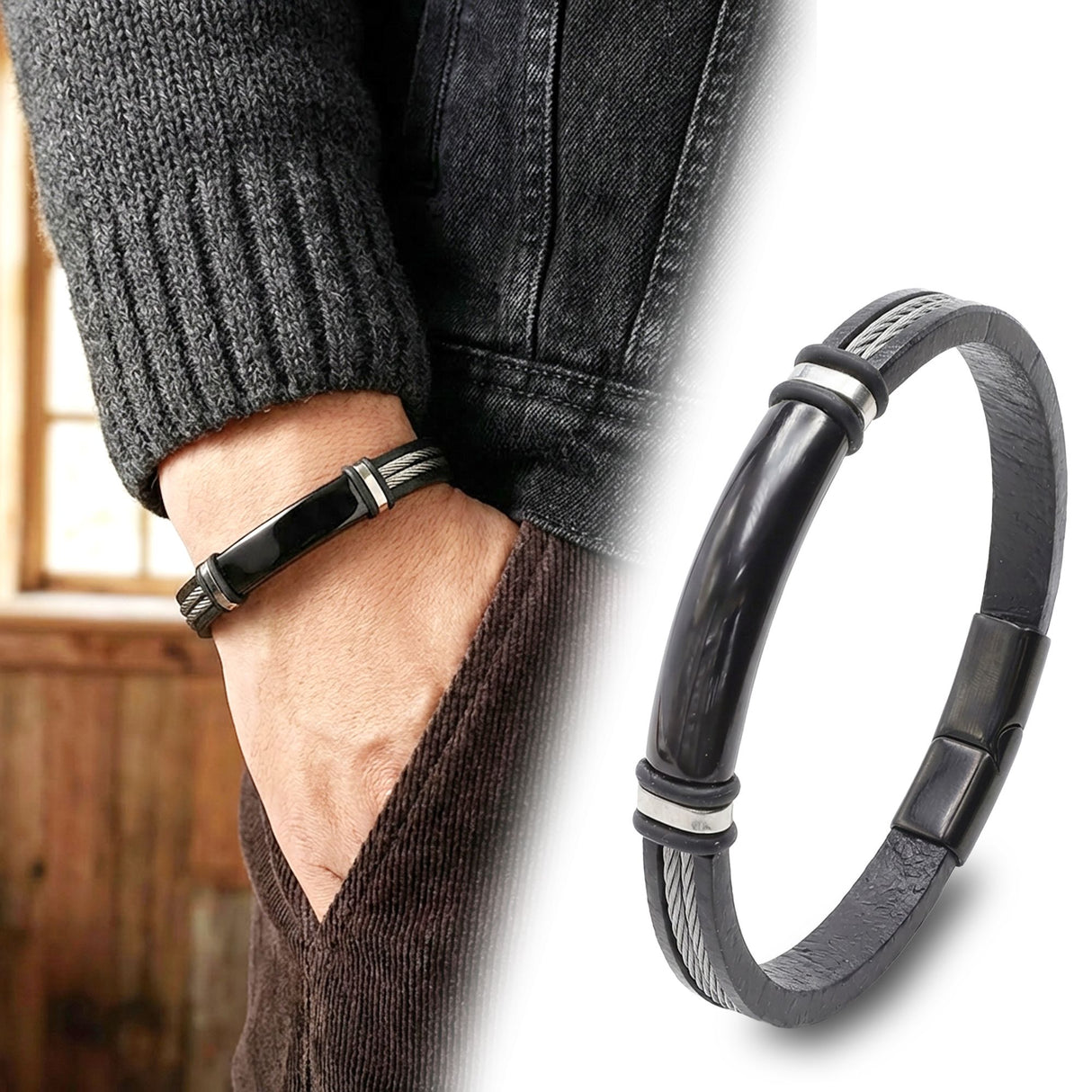Niki Leather İsim Yazılabilir Çelik Halatlı Deri Ve Siyah Titanyum Kilit Bileklik 40133B15D1