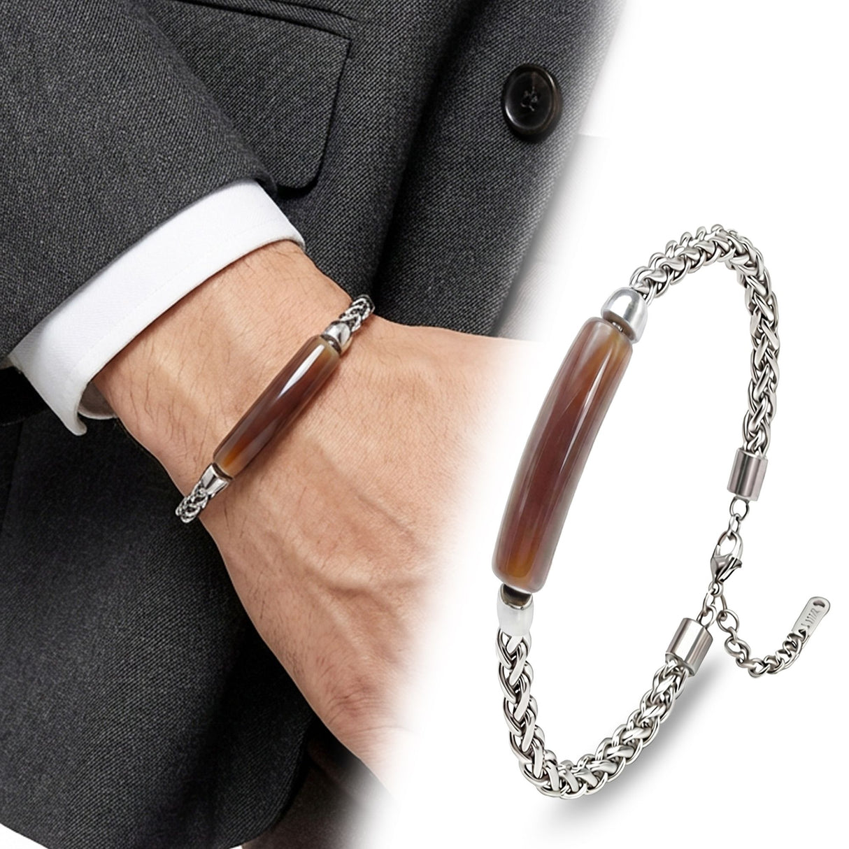 Niki Leather Kahve Akik Doğal Taşlı Ve Ayarlanabilir Çelik Zincir Bileklik 40132B15D10