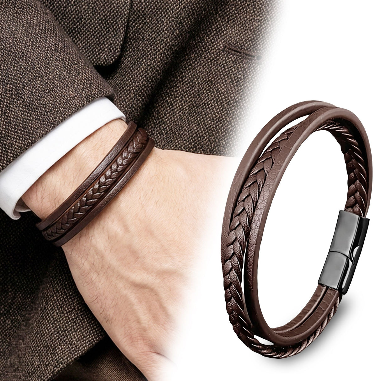 Niki Leather Kahverengi Deri Erkek Bileklik Çelik Manyetik Kilitli 38933B14D4