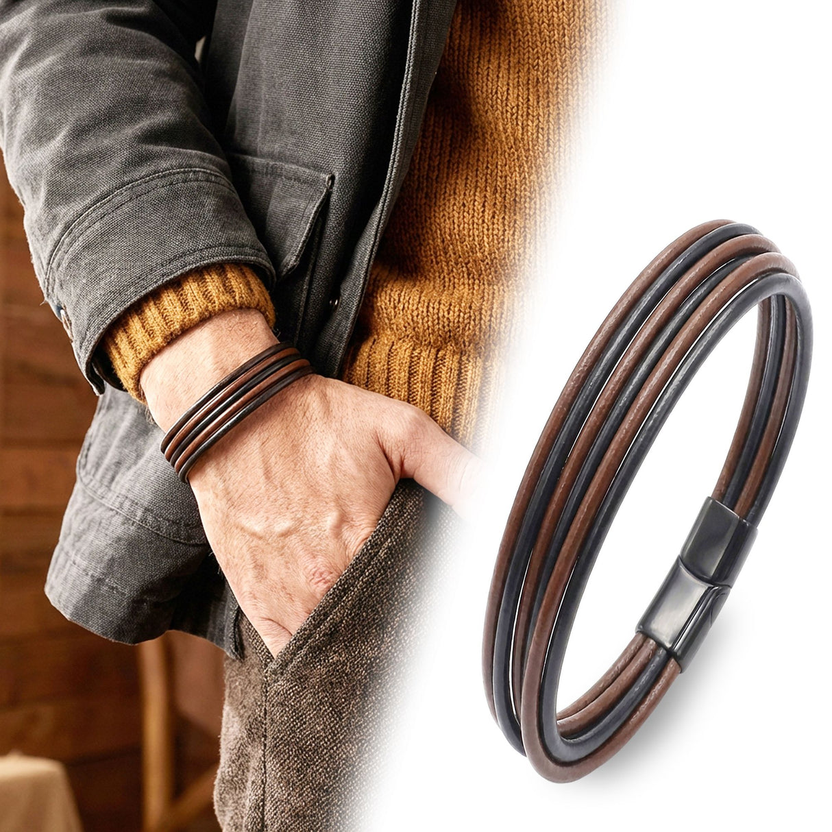 Niki Leather Kahve Siyah Çoklu Deri Ve Titianyum Kilitli Çelik Bileklik 38933B13D3