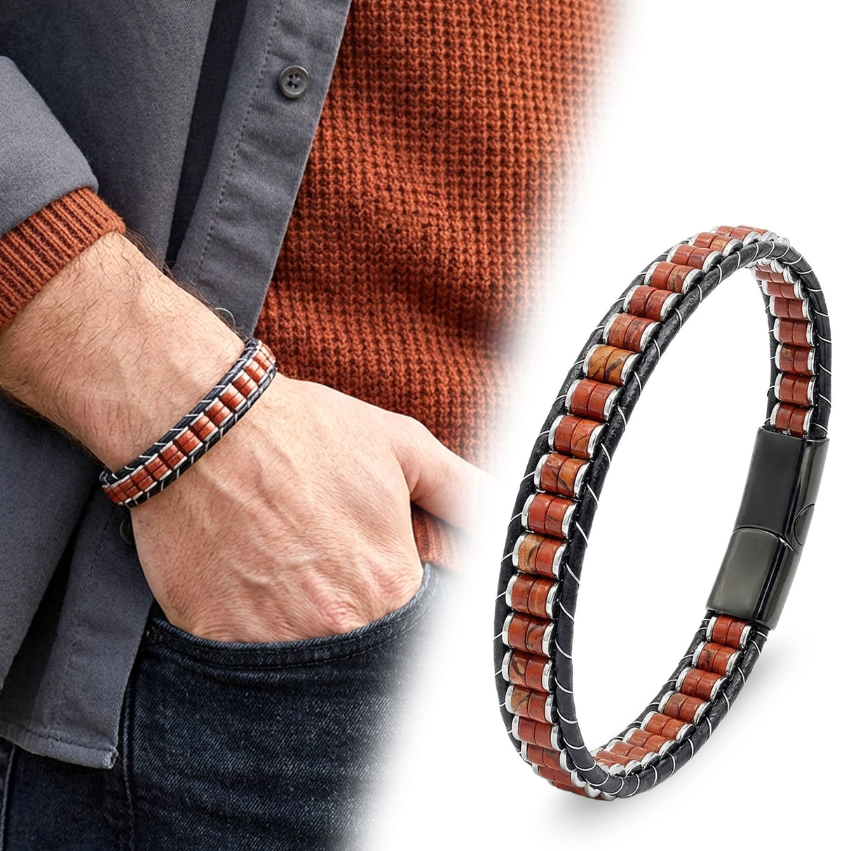 Niki Leather Kırmızı Jasper & Hematit Çelik Örgülü Deri Bileklik 38932B22D6