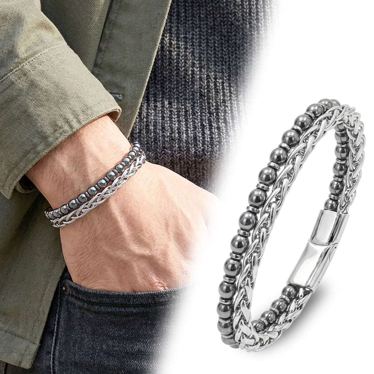 Niki Leather Çelik Zincirli Hematit Ve Silver Hematit Bileklik 38932B21D9