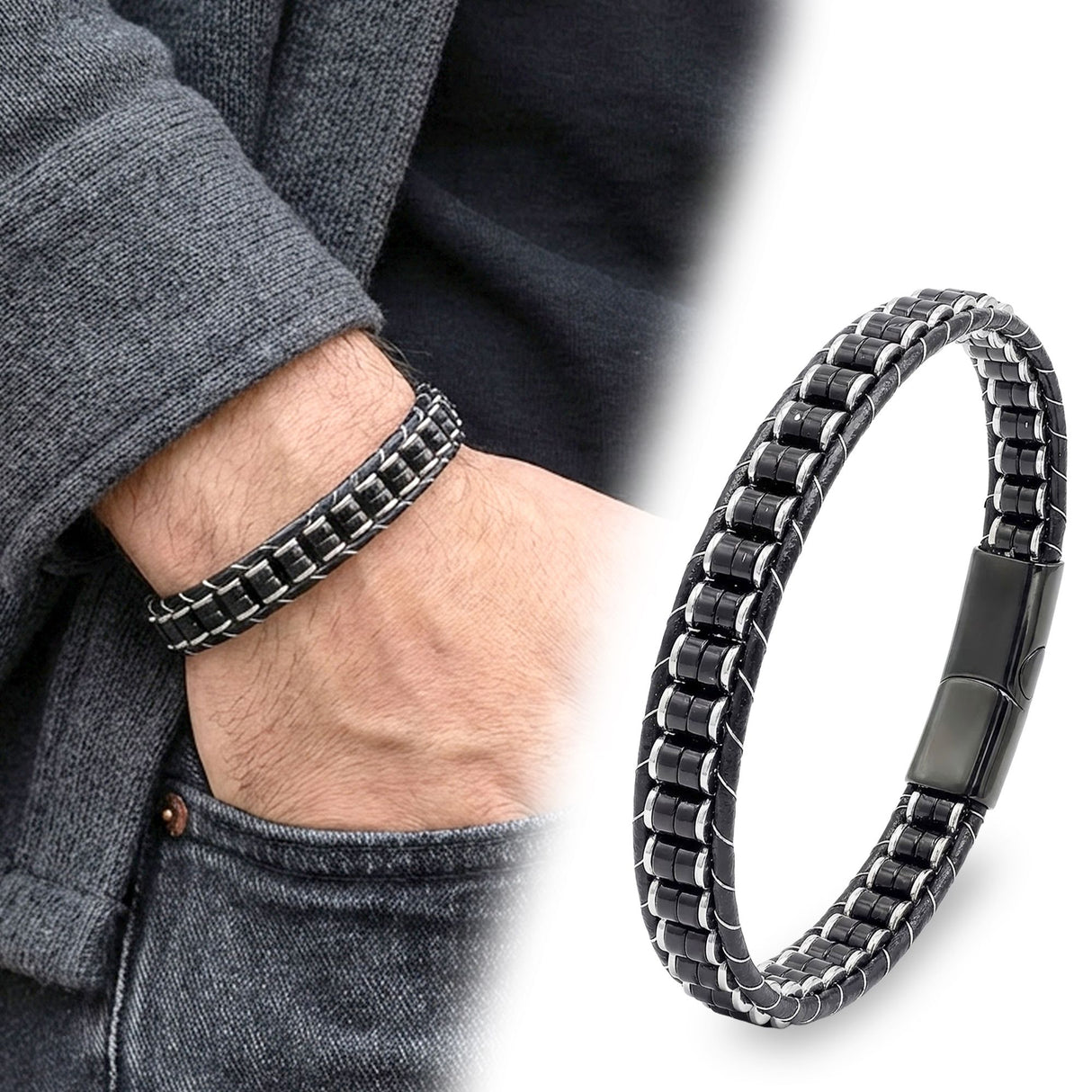 Niki Leather Oniks & Hematit Çelik Örgülü Deri Bileklik 38932B22D2