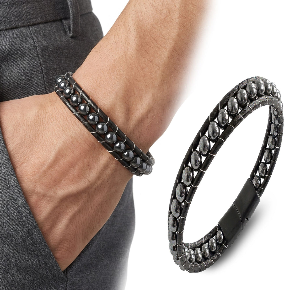 Niki Leather 6Mm Hematit Taşlı Deri Kordon Ve Çelik Bileklik 38932B2D6M3