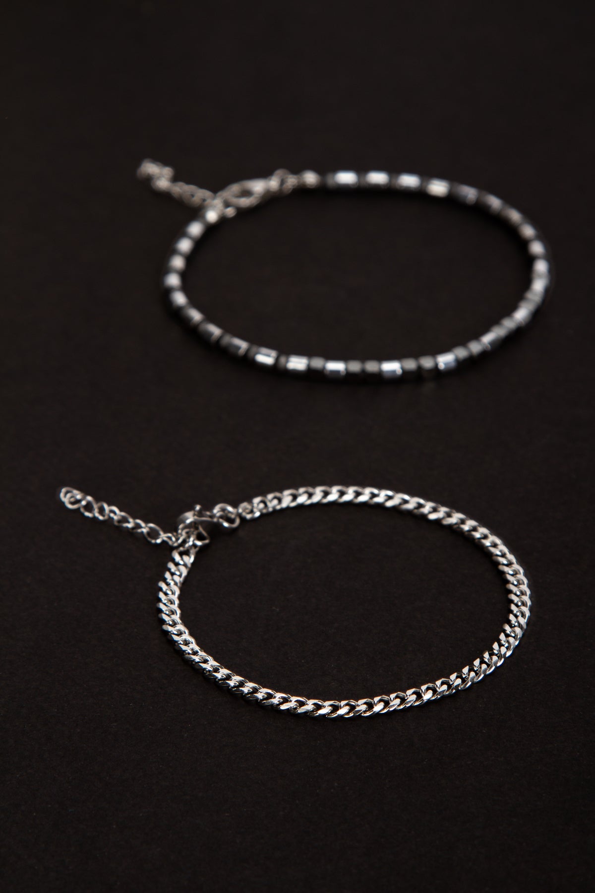 Olio Hematit Detaylı ve İnce Çelik Bileklik 2'li Set