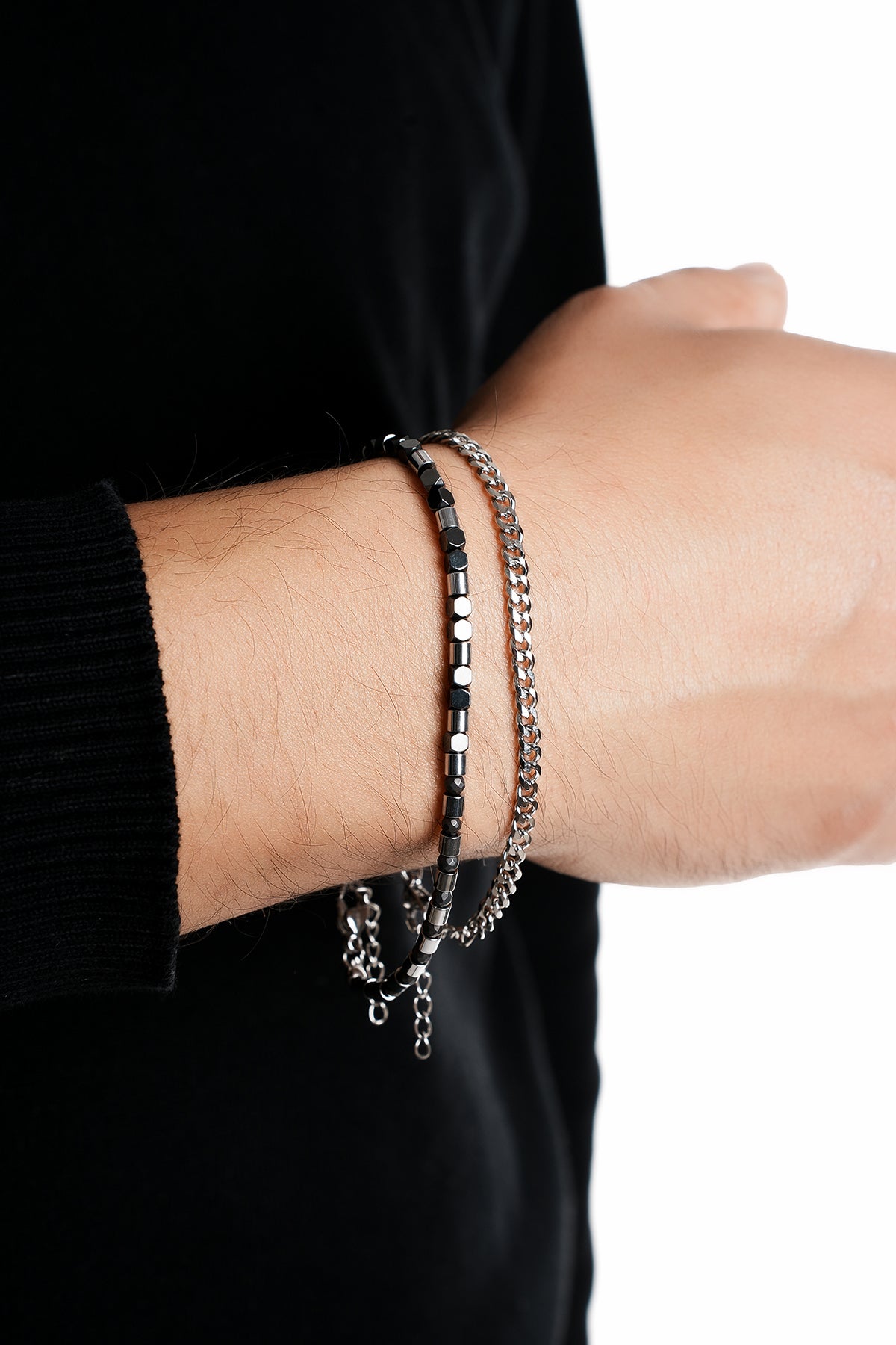 Olio Hematit Detaylı ve İnce Çelik Bileklik 2'li Set