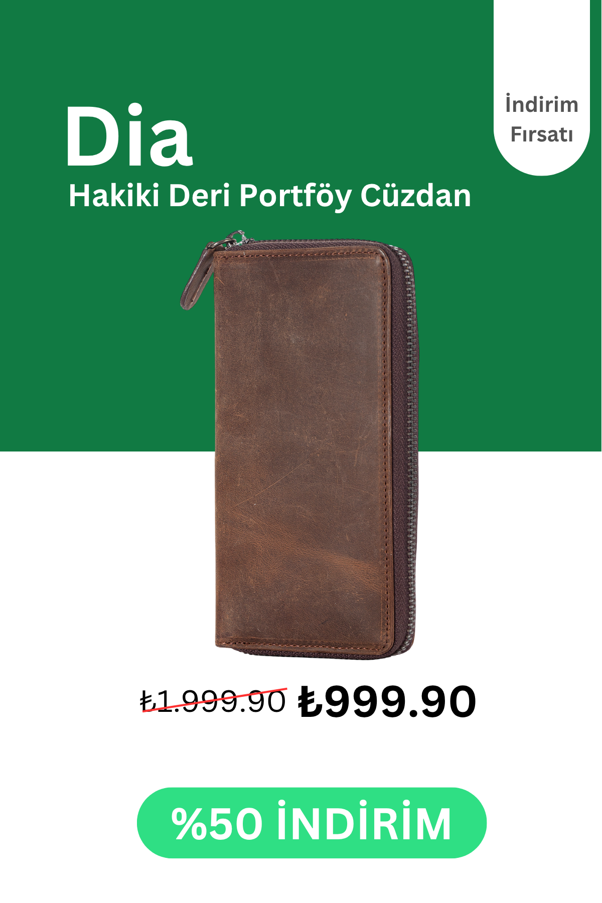 Niki Leather Dia Vintage Deri Fermuarlı Unisex Kartlık Portföy