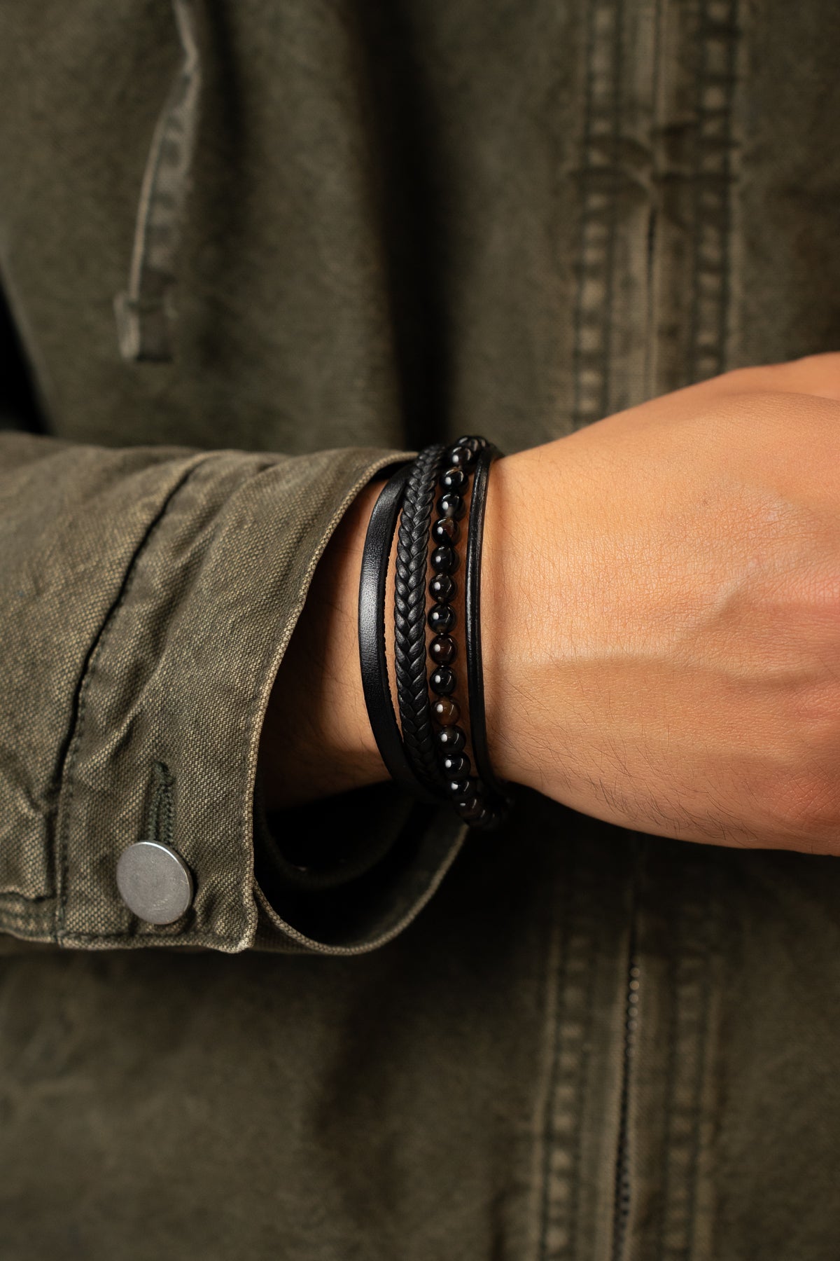 Riga Kaplan Gözü Doğaltaşlı Deri Bileklik