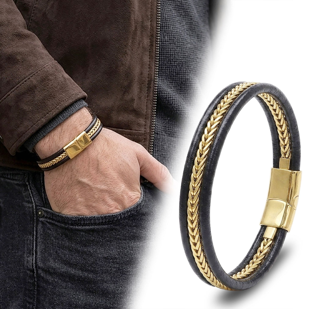 Niki Leather Altın Renk Balıksırtı Çelik Zincir Orijinal Deri Erkek Bileklik 40136B1D1