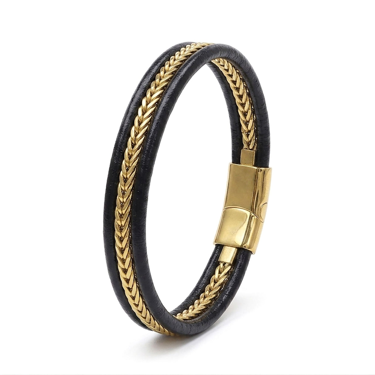 Niki Leather Altın Renk Balıksırtı Çelik Zincir Orijinal Deri Erkek Bileklik 40136B1D1
