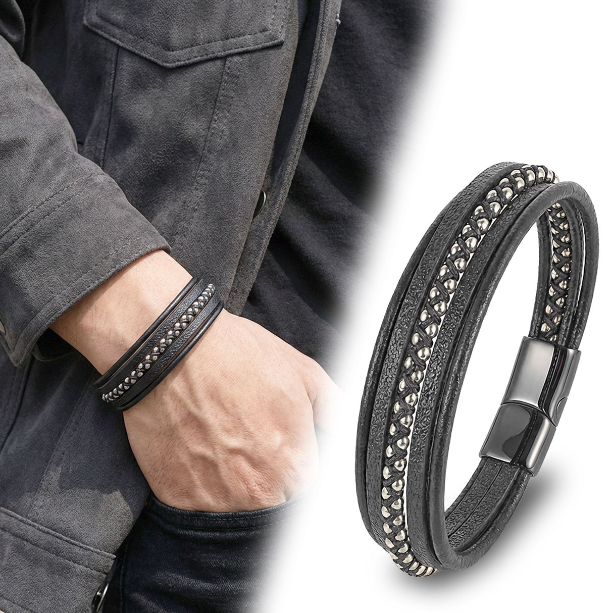 Niki Leather Beyaz Hematit Ve Çoklu Deri Bileklik 38934B3D1
