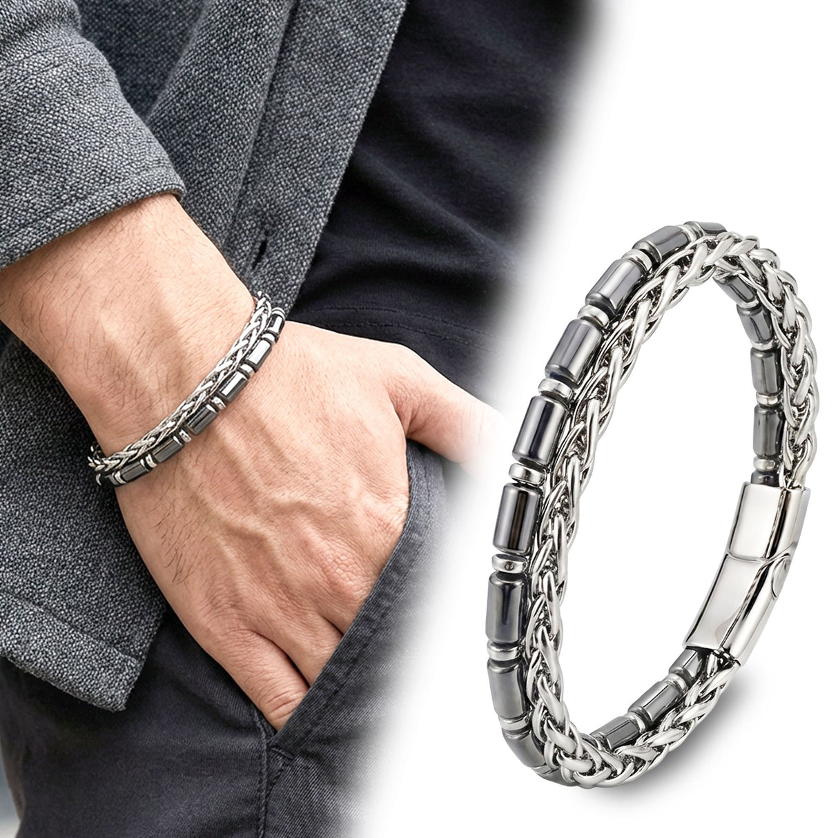 Niki Leather Boru Kesim Hematit Ve Çelik Zincir Bileklik 40132B21D2