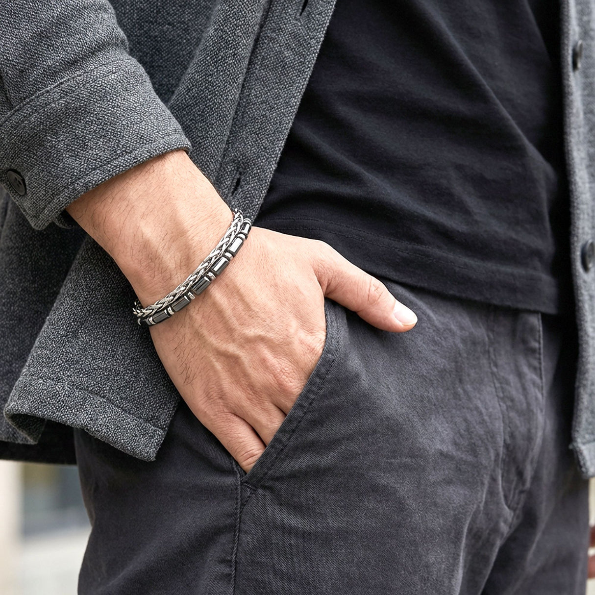 Niki Leather Boru Kesim Hematit Ve Çelik Zincir Bileklik 40132B21D2
