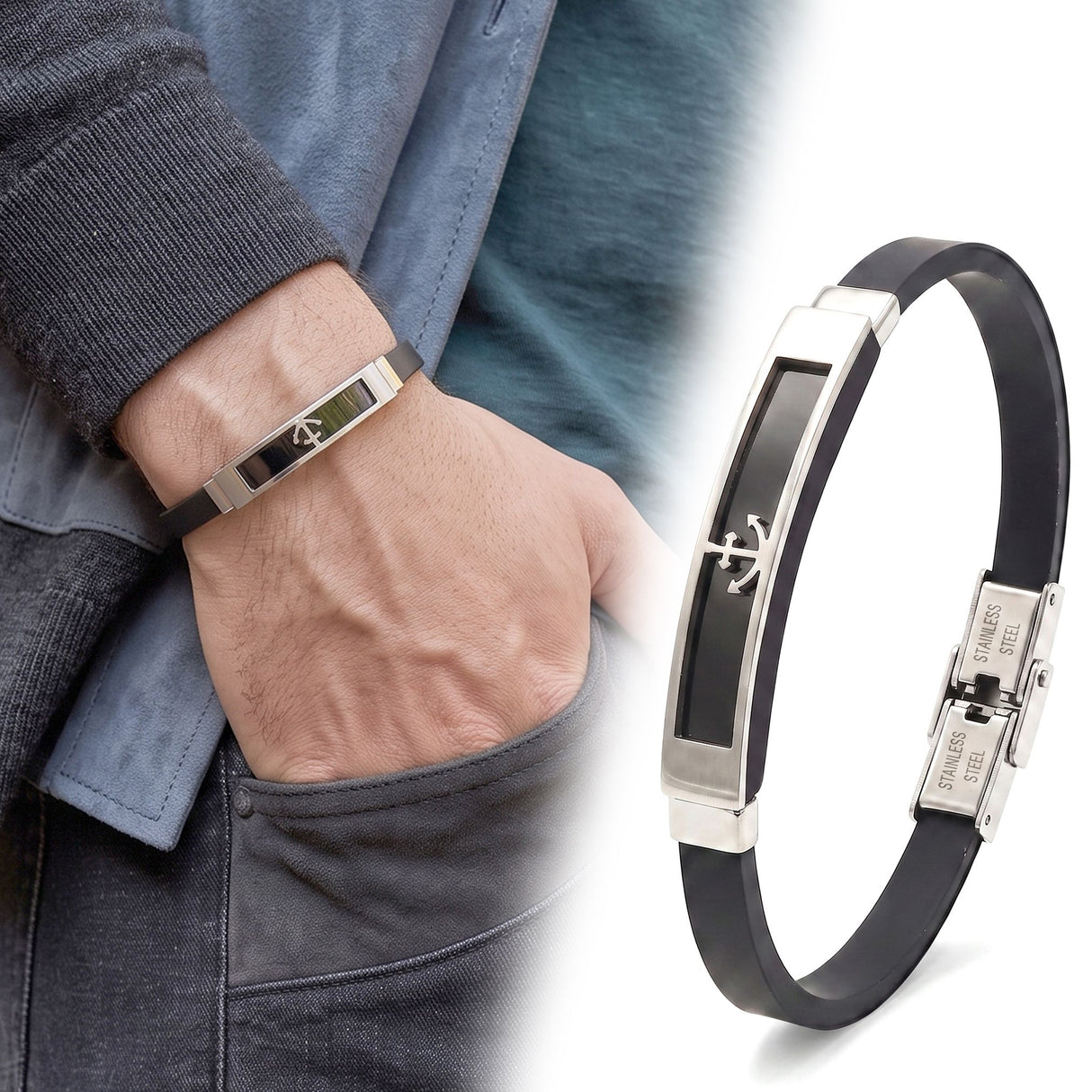 Niki Leather Çapa Desenli Çelik Erkek Bileklik 4013SCB002