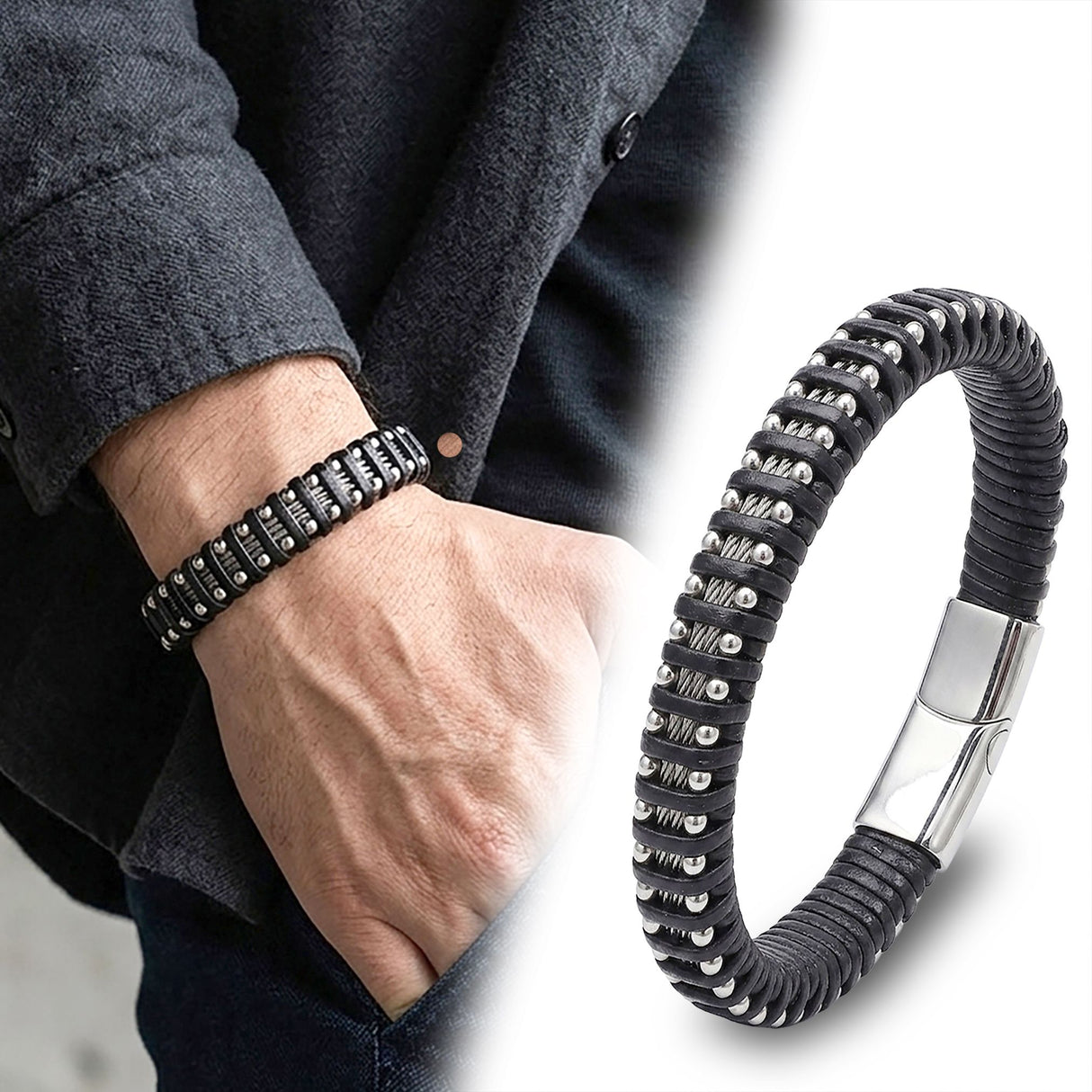 Niki Leather Çelik Halat ve Çelik Damla Zincir Siyah Deri Dolama Bileklik 40134B1D8