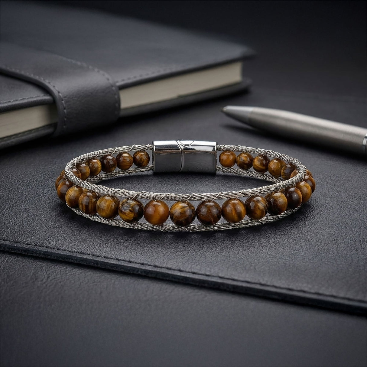 Niki Leather Çelik Halat Ve Kaplan Gözü Doğaltaş Bileklik 38932B2DH13