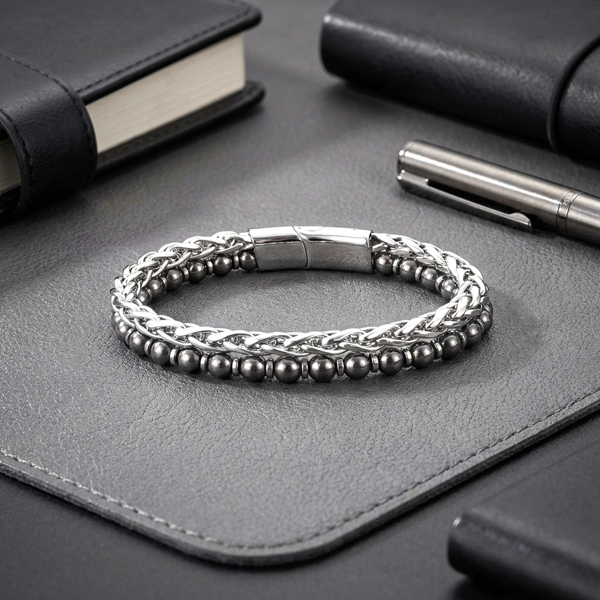 Niki Leather Çelik Zincirli Hematit Ve Silver Hematit Bileklik 38932B21D9