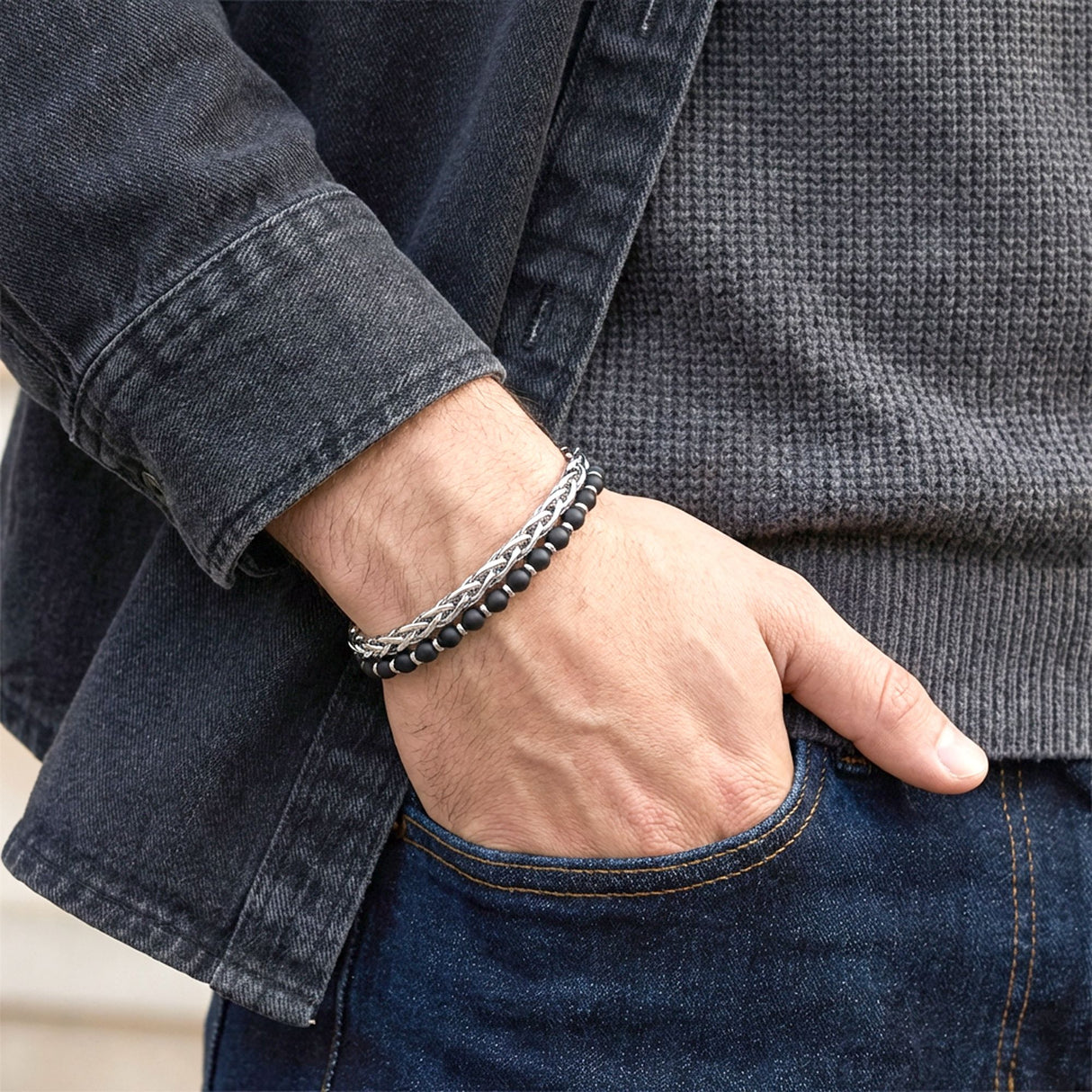 Niki Leather Çelik Zincirli Mat Oniks Ve Silver Hematit Bileklik 40132B21D11