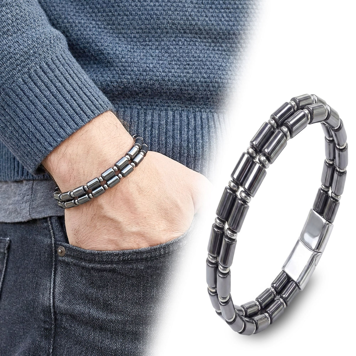 Niki Leather Çift Boru Hematit Ve Çelik Zincir Bileklik 38932B20D1