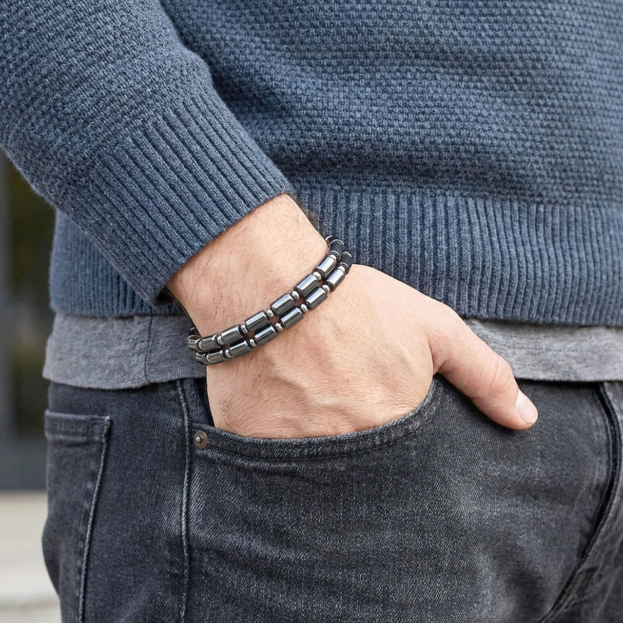 Niki Leather Çift Boru Hematit Ve Çelik Zincir Bileklik 38932B20D1