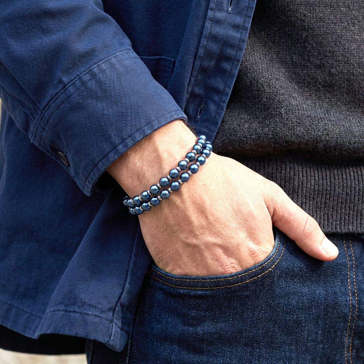 Niki Leather Çift Mavi Ve Gümüş Renk Hematit Çelik Bileklik 38932B20D6
