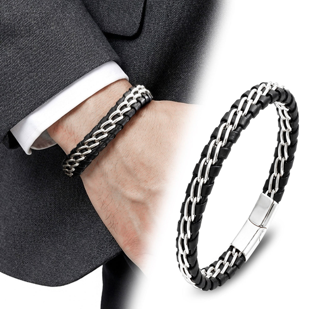 Niki Leather Çift Zincir Çelik Ve Deri Bileklik 38934B2D2