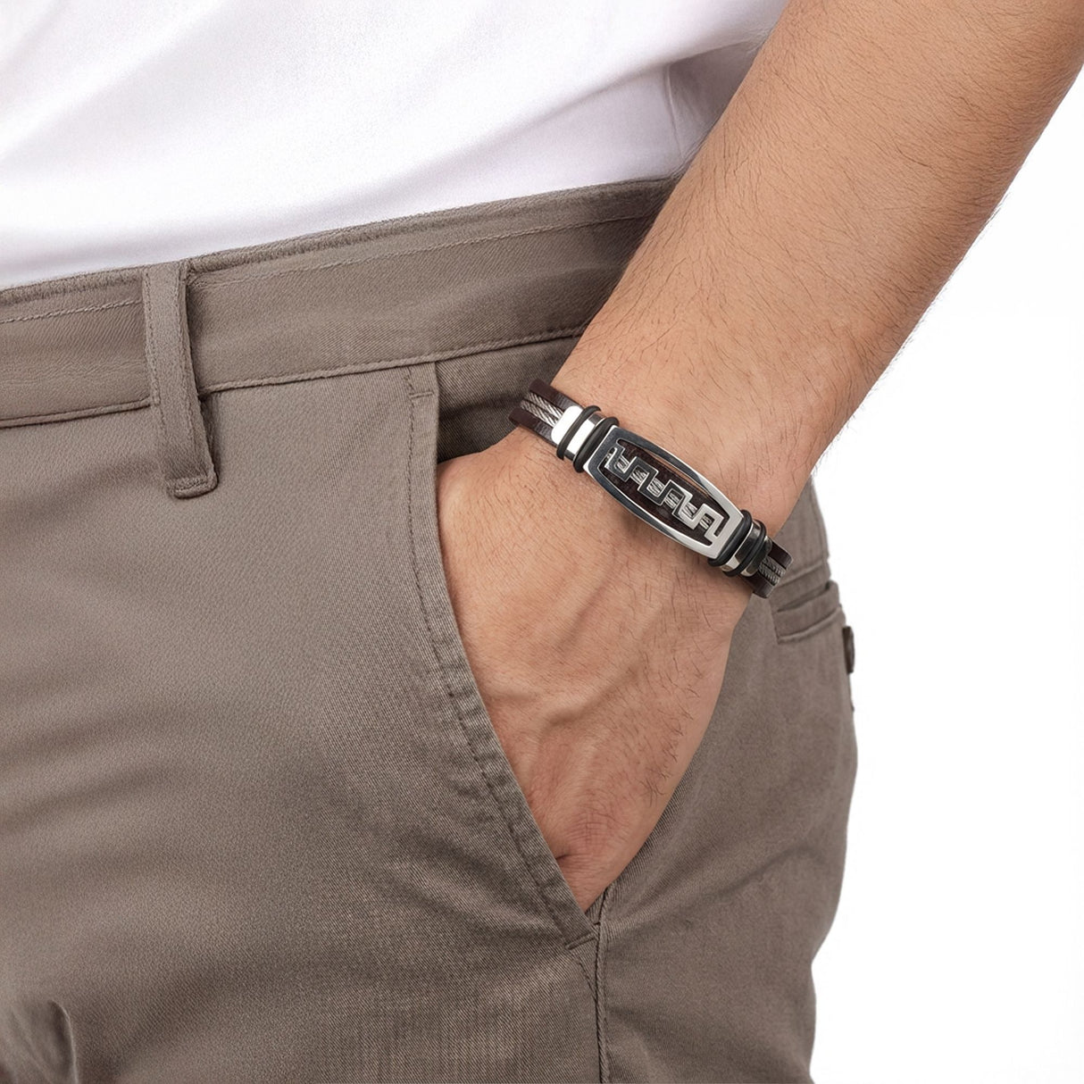 Niki Leather Deri Kordonlu Çelik Halatlı Erkek Bileklik 40134B17D1