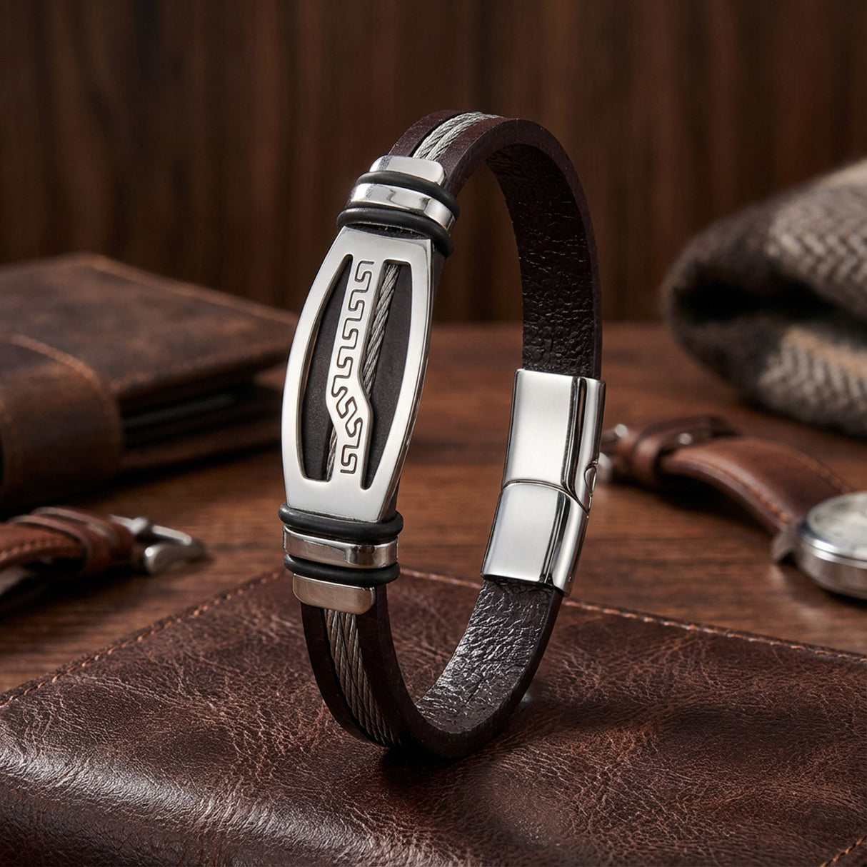 Niki Leather Deri Kordonlu Çelik Halatlı Erkek Bileklik 40134B17D6