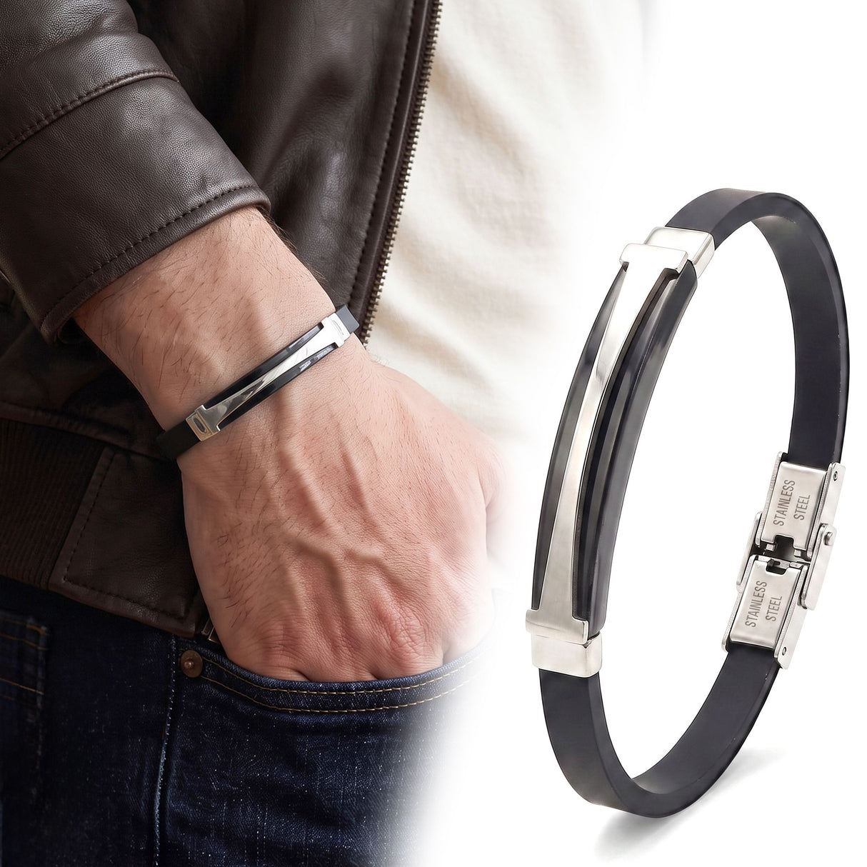 Niki Leather Desenli Erkek Çelik Bileklik 4013SCB022
