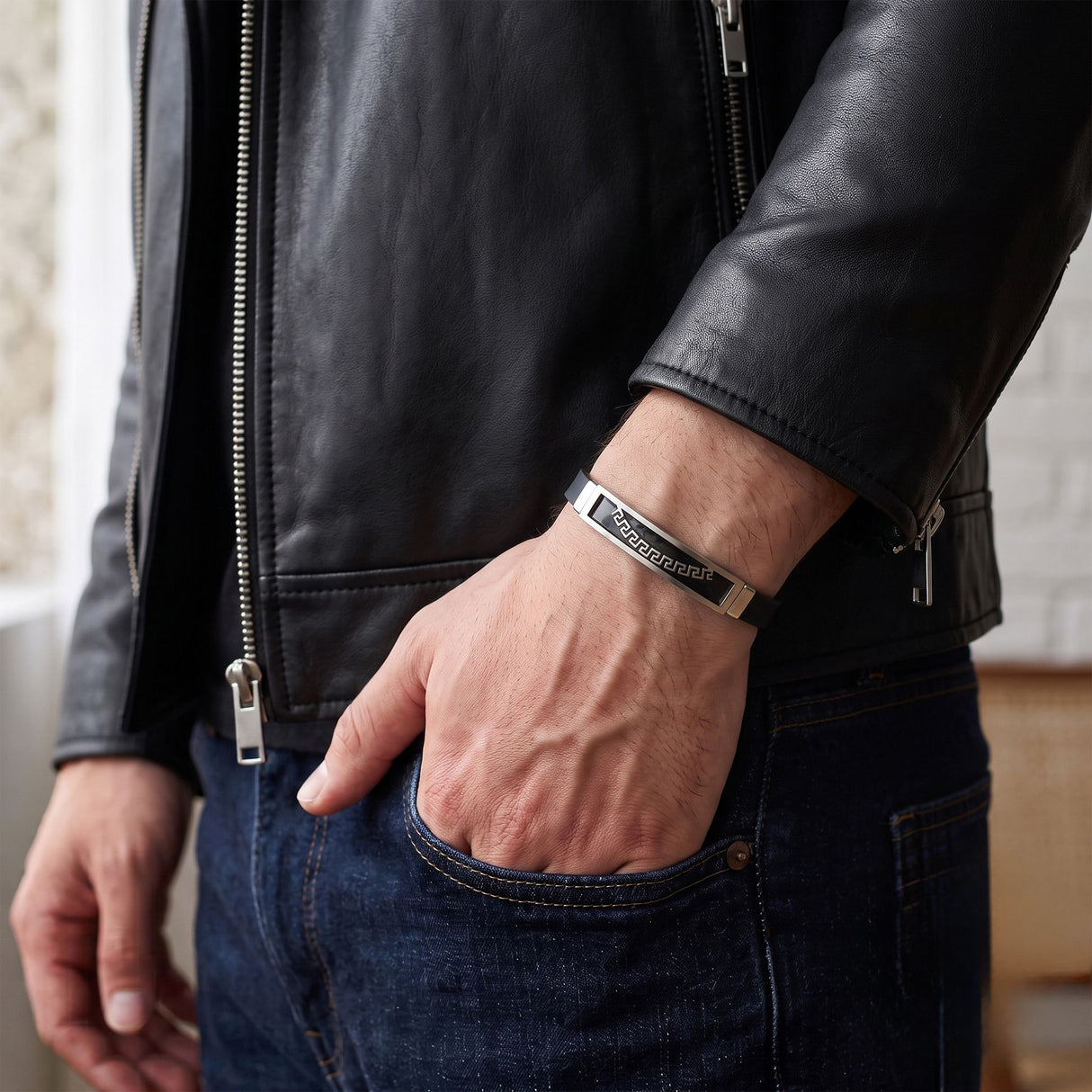 Niki Leather Desenli Erkek Çelik Bileklik 4013SCB030