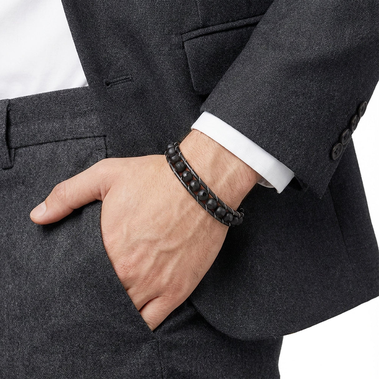 Niki Leather Desenli Oniks Doğaltaşlı Deri Bileklik 38932B2D8M2