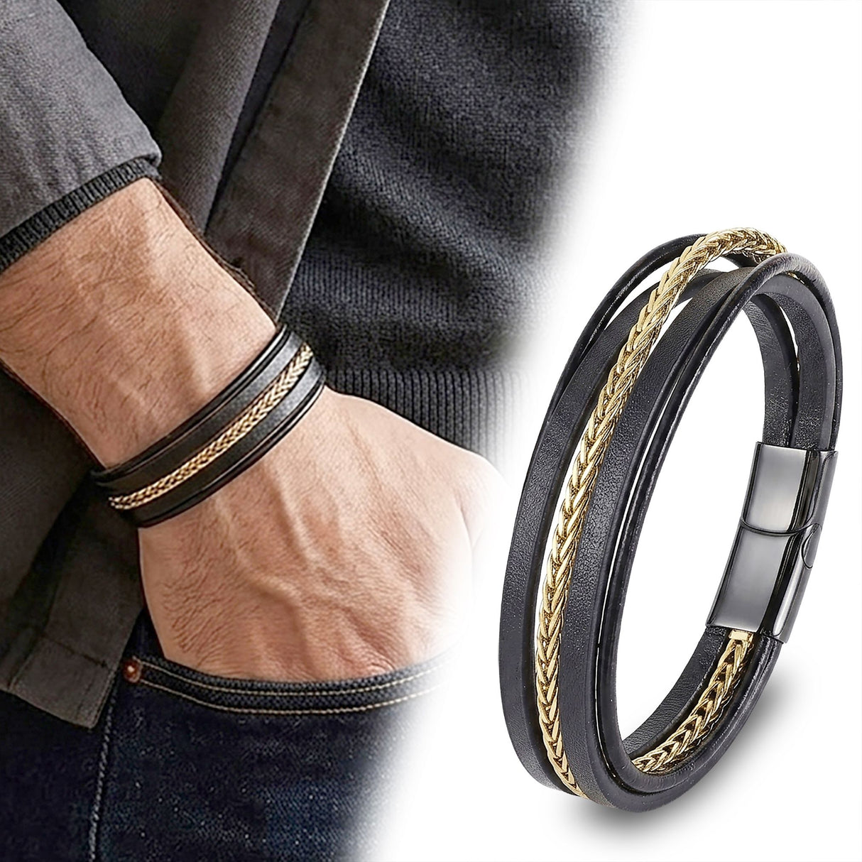 Niki Leather Gold Çelik Zincir Detaylı Çoklu Deri Erkek Çelik Bileklik 40134B18D1