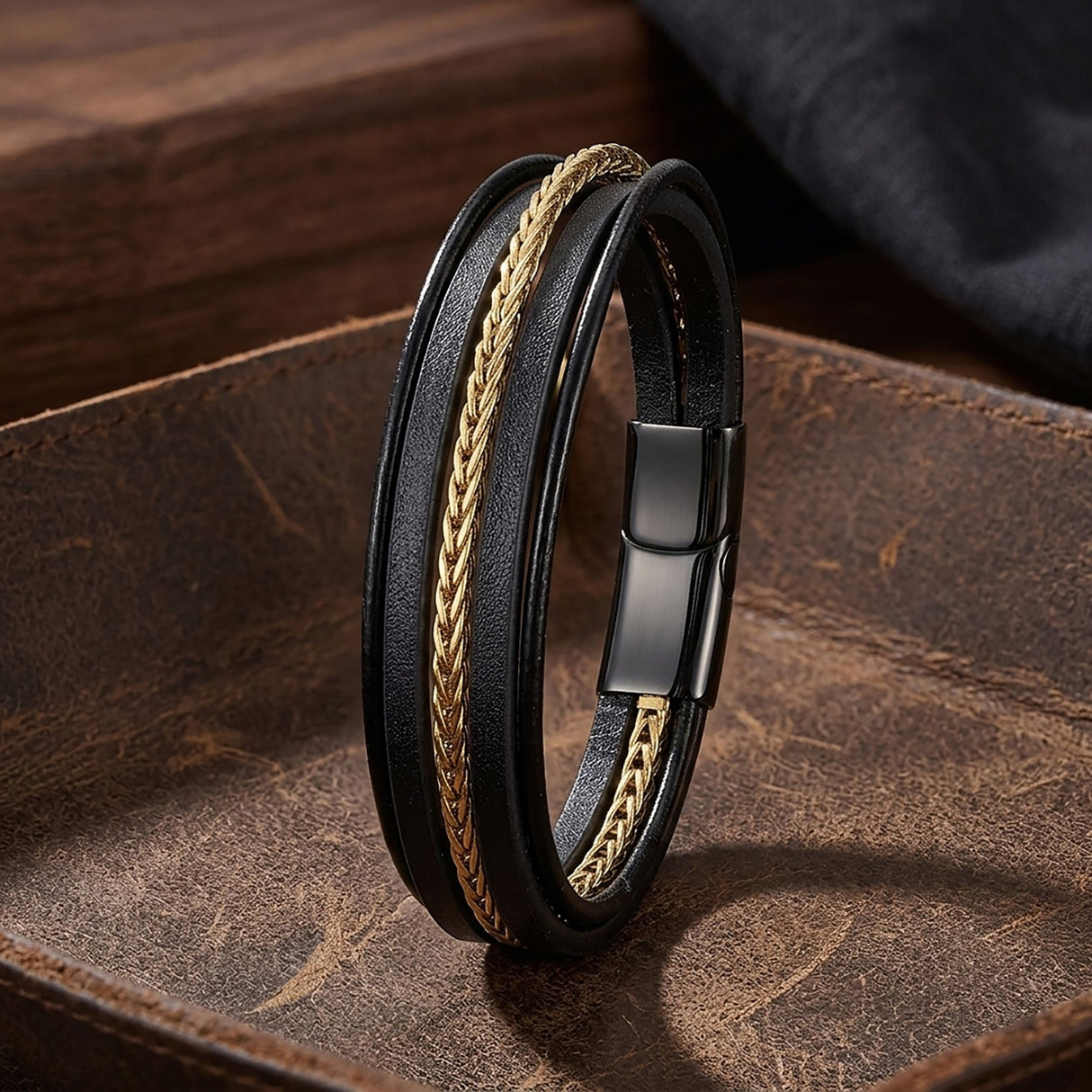 Niki Leather Gold Çelik Zincir Detaylı Çoklu Deri Erkek Çelik Bileklik 40134B18D1