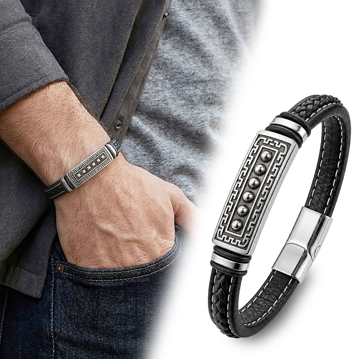 Niki Leather Greek Key Desenli Çelik Kilitli Siyah Deri Erkek Bileklik 40131B8D2