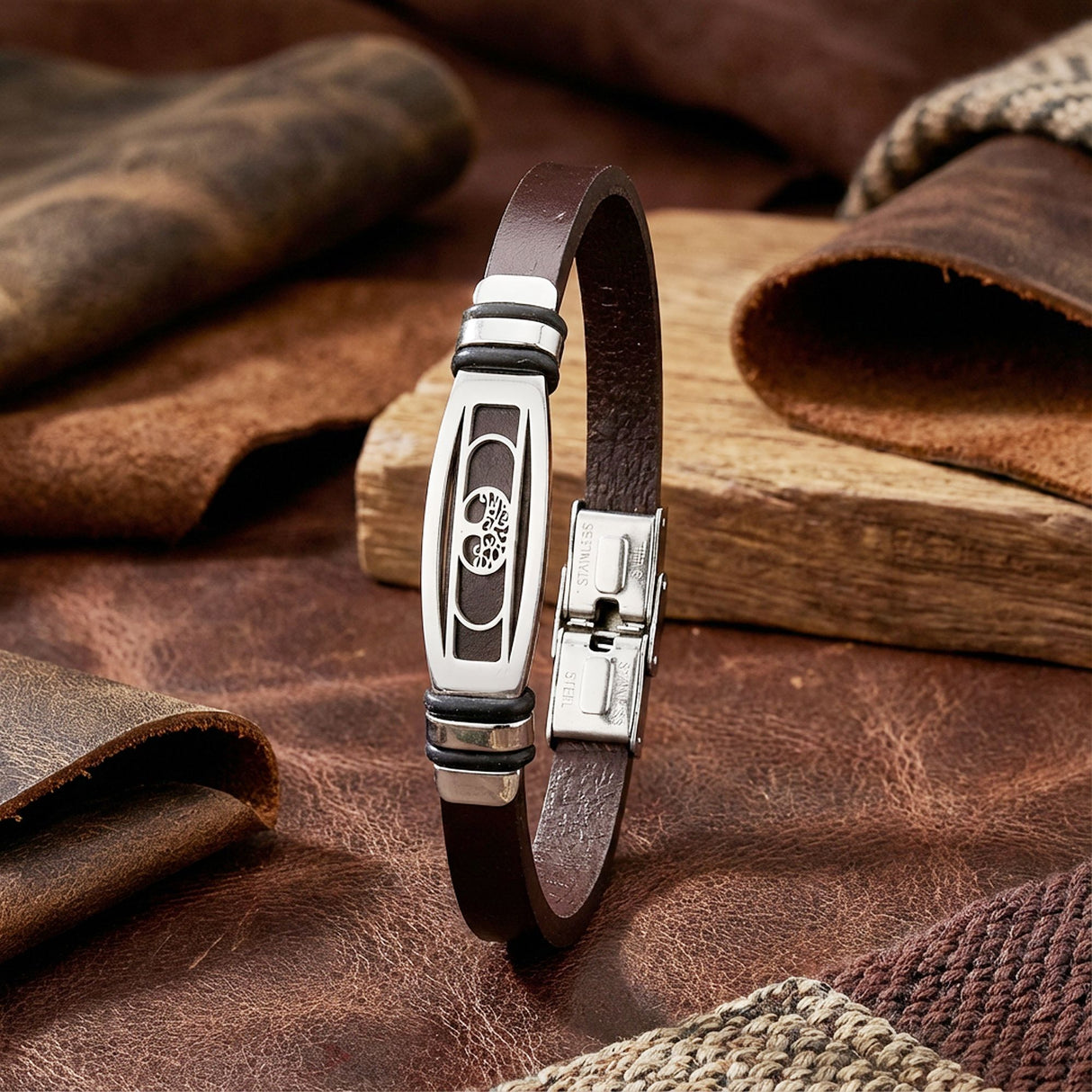 Niki Leather Hayat Ağacı Motifli Ayarlanabilir Kordonlu Erkek Deri Ve Çelik Bileklik 40134B23DD2