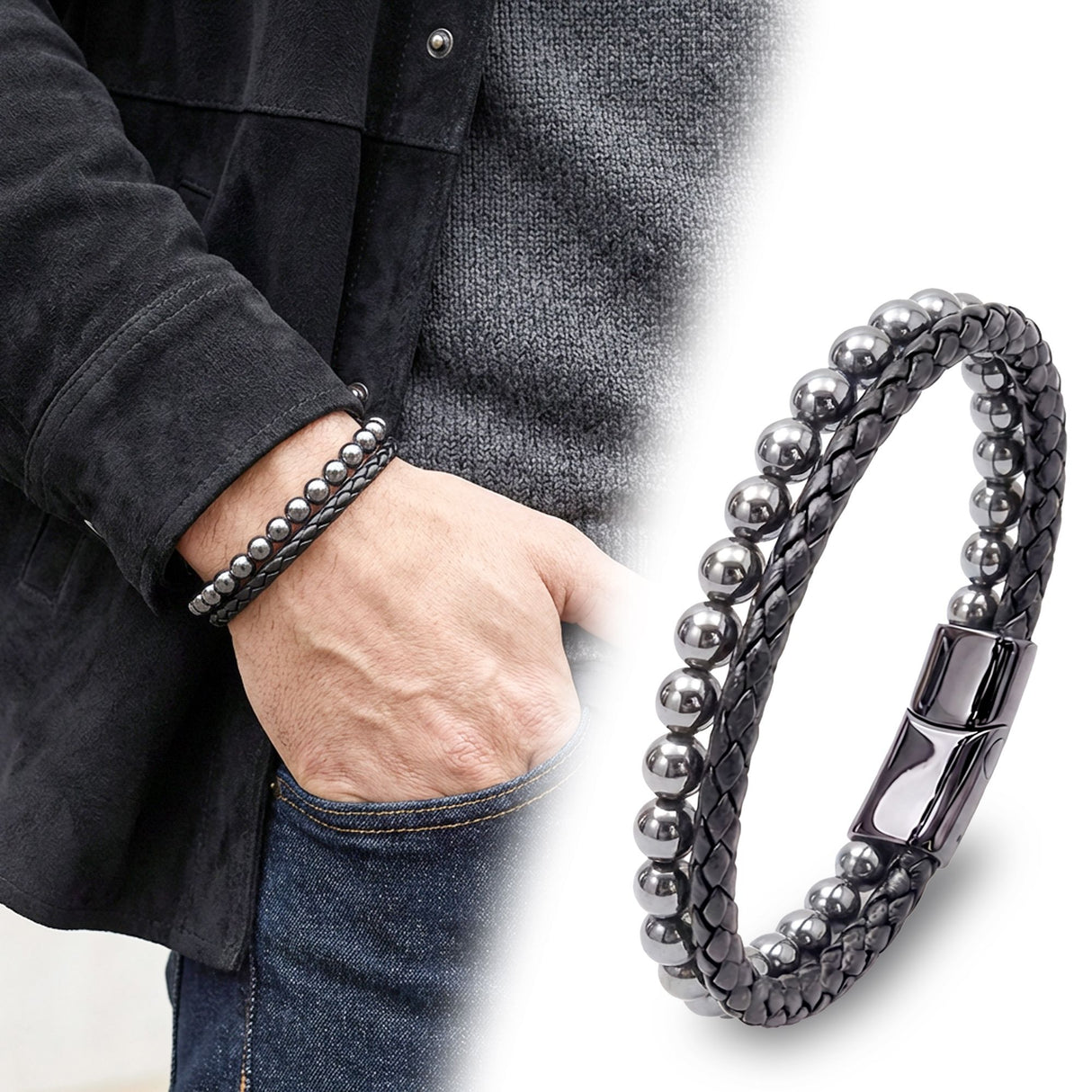 Niki Leather Hematit Doğaltaş Deri Erkek Bileklik 38932B7D9