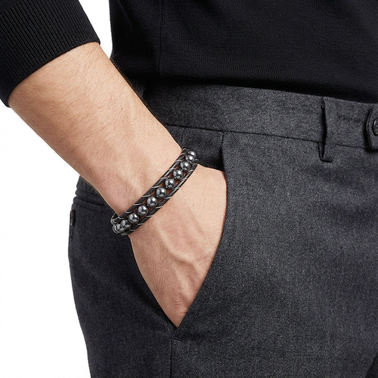 Niki Leather Hematit Doğaltaşlı Deri Bileklik 38932B2D8M5
