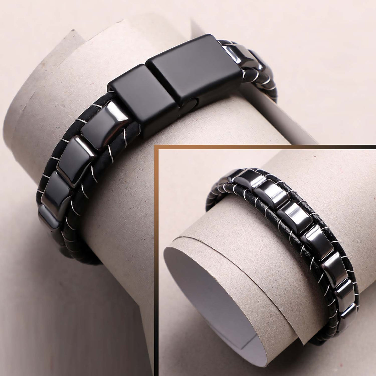 Niki Leather Hematit Örmeli Deri Bileklik 40132B2D8M04