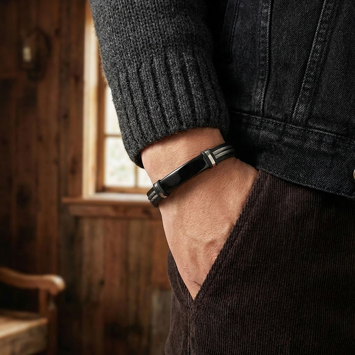 Niki Leather İsim Yazılabilir Çelik Halatlı Deri Ve Siyah Titanyum Kilit Bileklik 40133B15D1