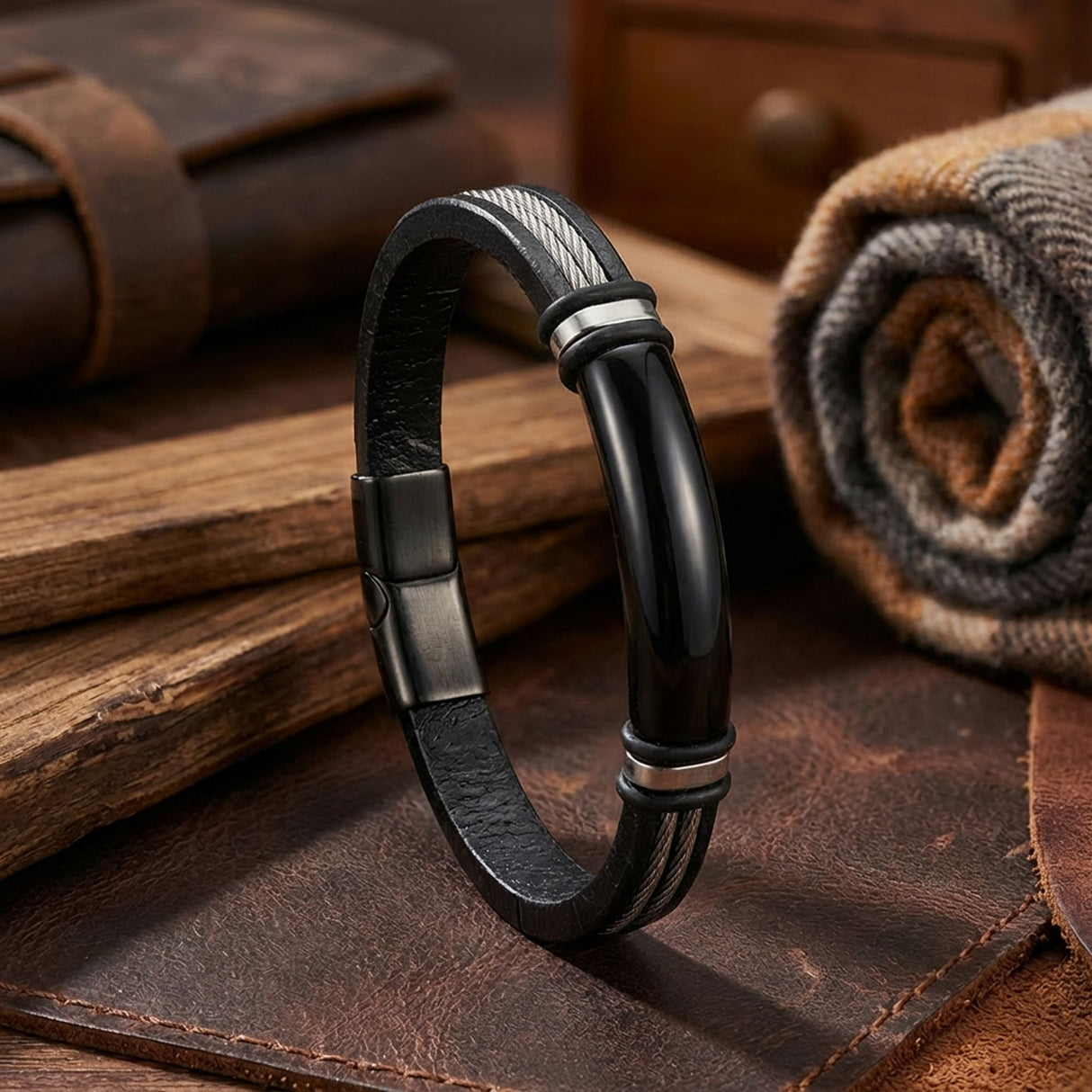 Niki Leather İsim Yazılabilir Çelik Halatlı Deri Ve Siyah Titanyum Kilit Bileklik 40133B15D1