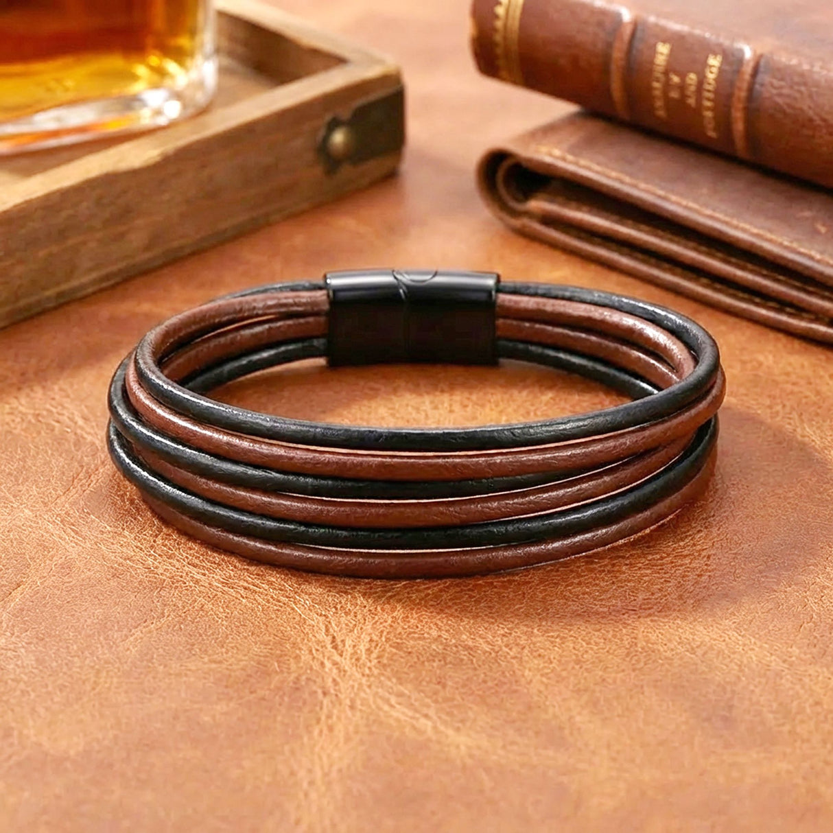 Niki Leather Kahve Siyah Çoklu Deri Ve Titianyum Kilitli Çelik Bileklik 38933B13D3