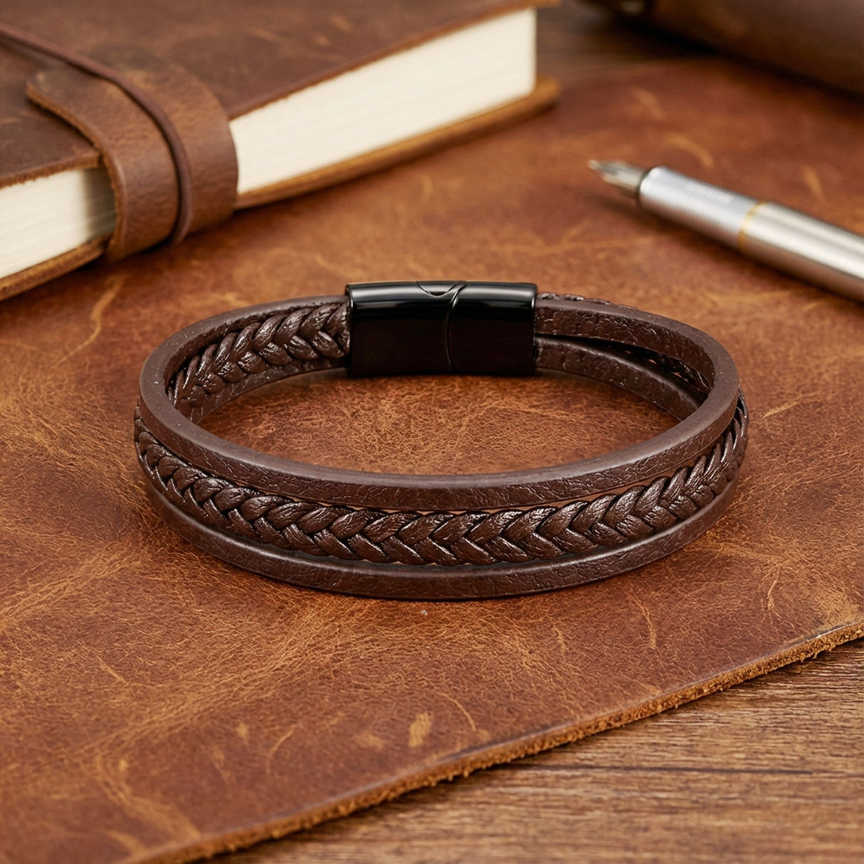 Niki Leather Kahverengi Deri Erkek Bileklik Çelik Manyetik Kilitli 38933B14D4