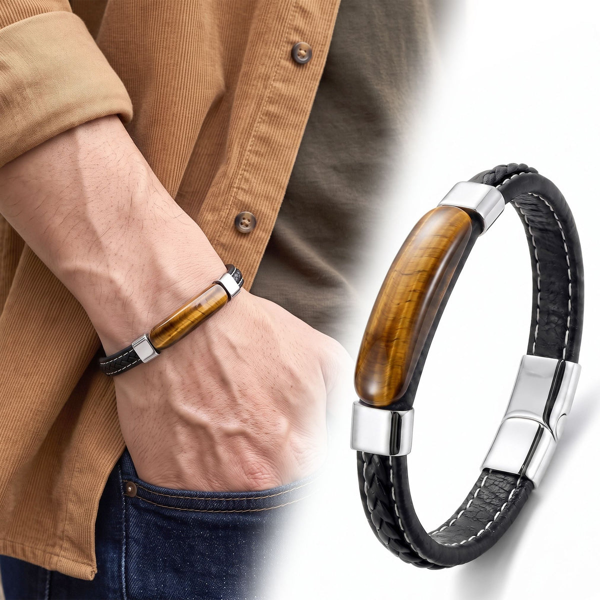 Niki Leather Kaplan Gözü Aura Doğal Taşlı Deri Çelik Erkek Bileklik 40132B1D13