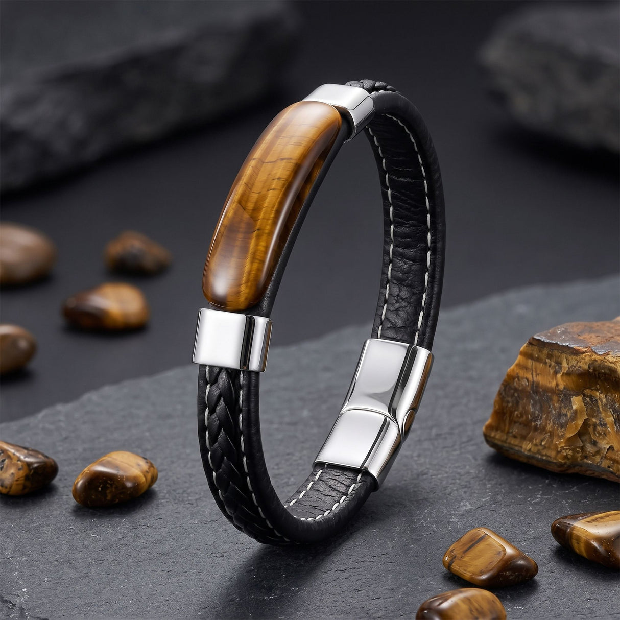 Niki Leather Kaplan Gözü Aura Doğal Taşlı Deri Çelik Erkek Bileklik 40132B1D13