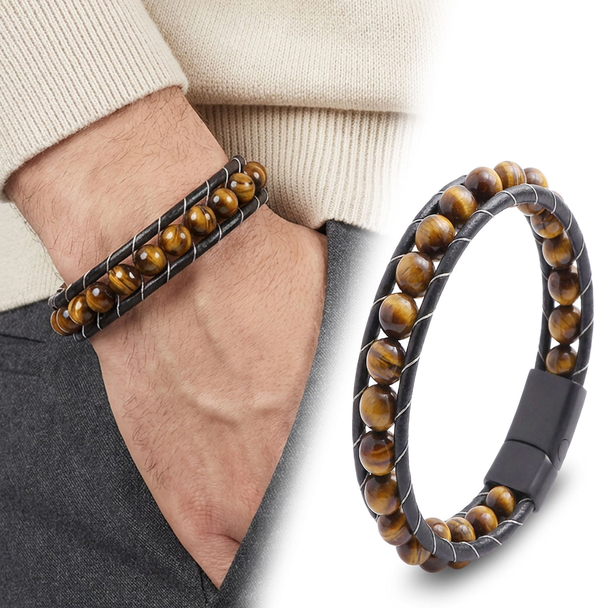 Niki Leather Kaplan Gözü Doğaltaşlı Deri Bileklik 40132B2D8M11