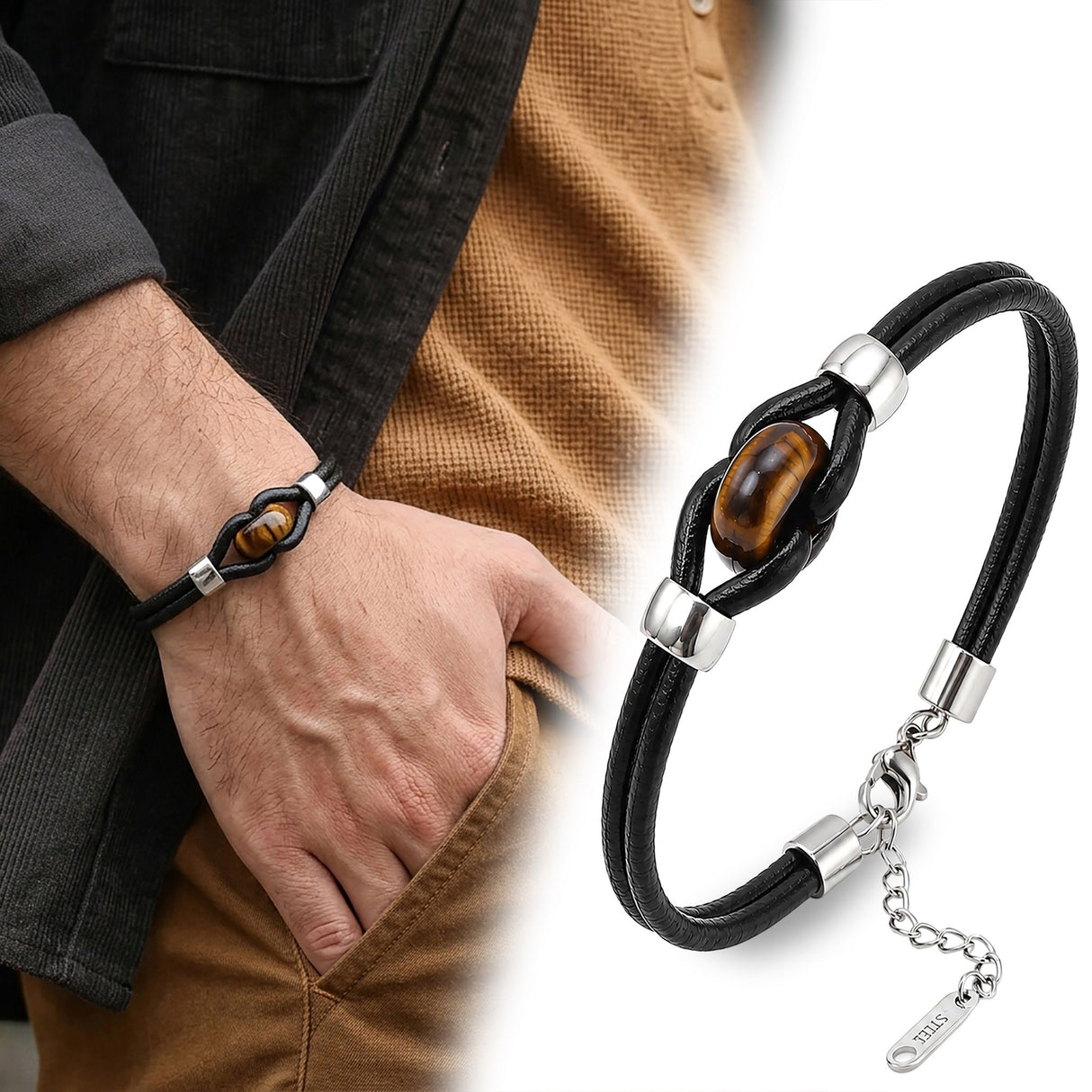 Niki Leather Kaplangözü Doğal Taşlı Çelik Detaylı Ayarlanabilir Deri Erkek Bileklik 40132B14D9